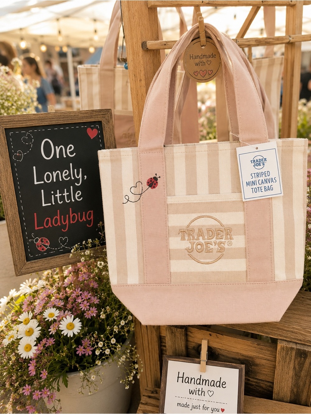 ♥️Trader Joe’s Striped Mini Canvas Tote – Custom Ladybug Embroidery 🐞♥️| NWT